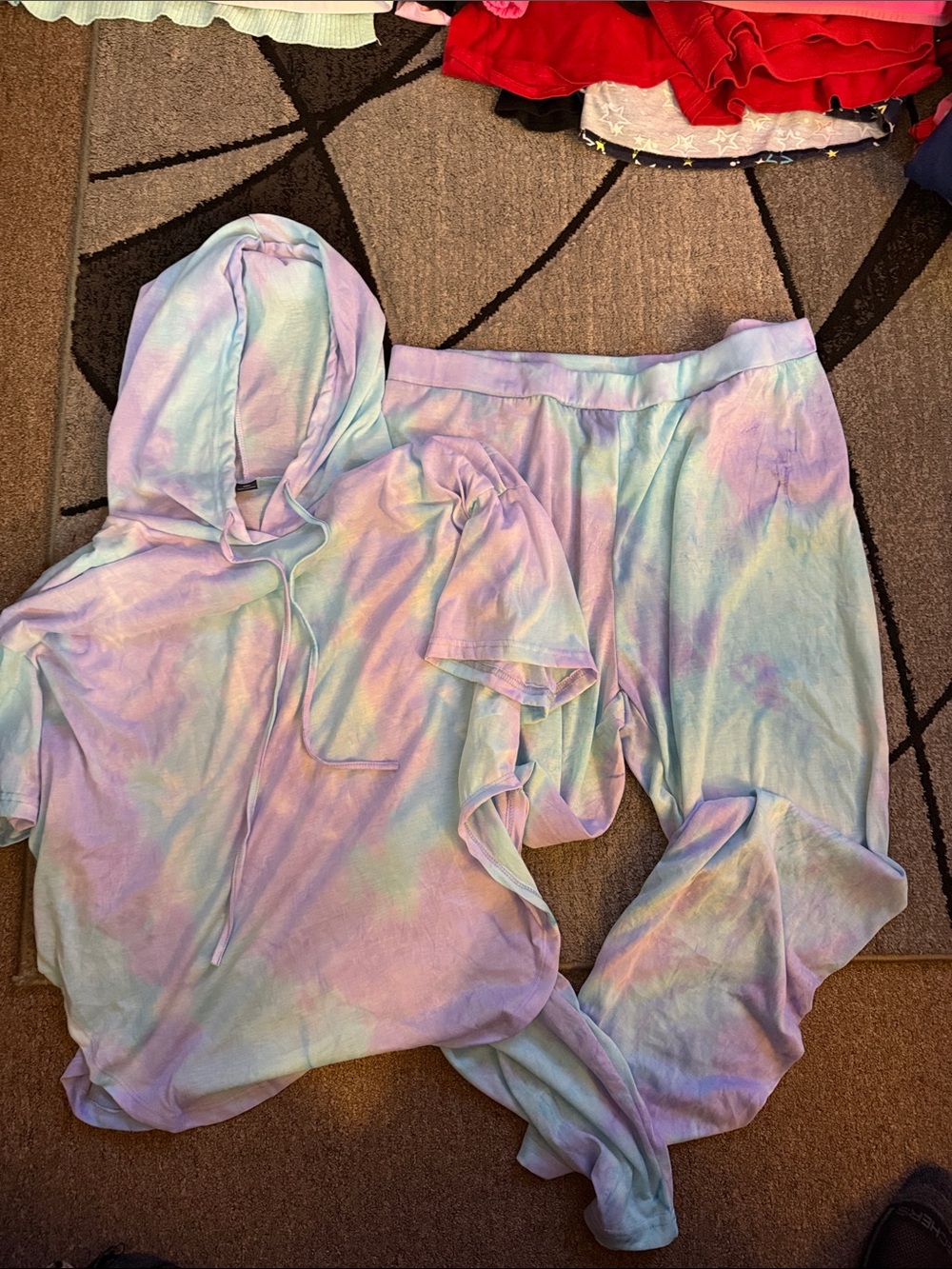 SHEIN Pastel Tie-Dye Hooded Top & Jogger Pants Set - Multi Pastels